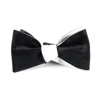 Solid Satin Black On White Bow Tie