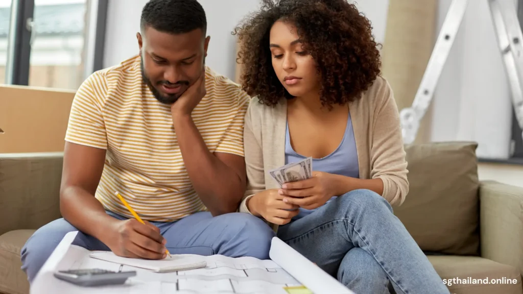 A couple plan the budget for their wedding
