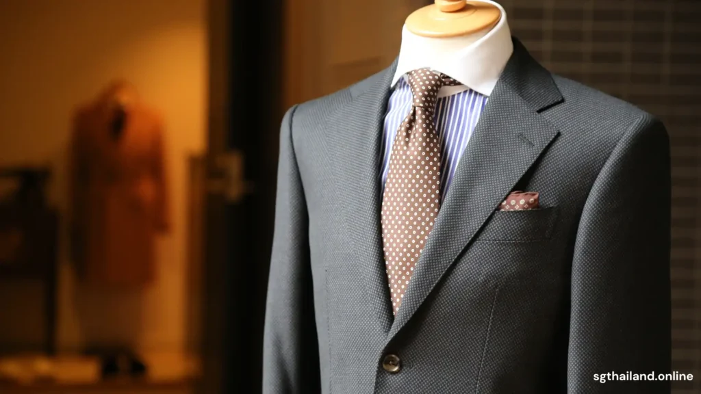 The tailored dark gray suit is on a mannequin with a polka dot tie and pocket square, and it is showcased by SG Thailand Bespoke Tailors.